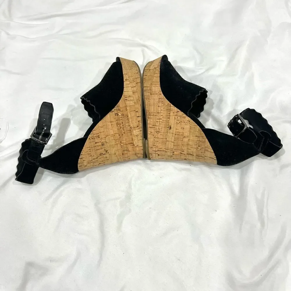Marc Fisher black suede cork wedges sandals size 6M runs big